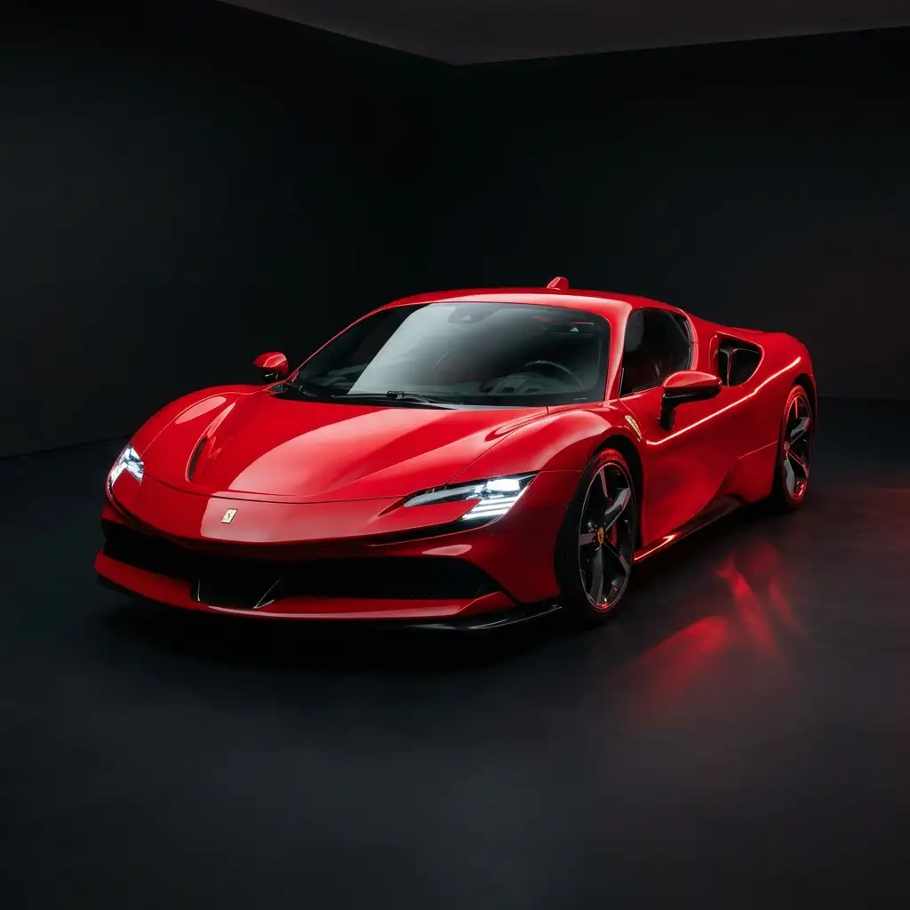 Ferrari SF90 Stradale in Rosso Corsa red, hybrid V8 producing 986 HP, 0-60 in 2.5 seconds, rental price $2,500/day